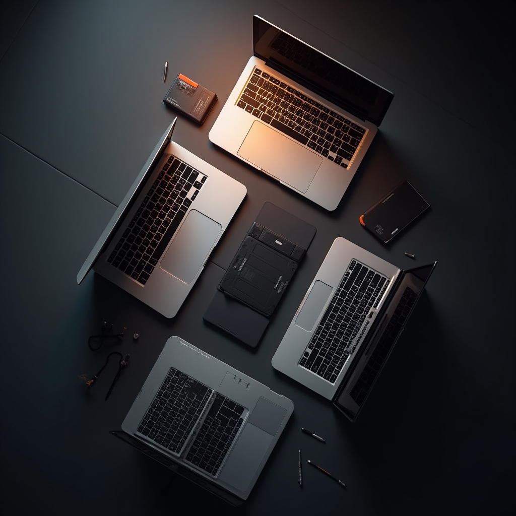 Laptopy różnych marek przygotowane do wymiany baterii w serwisie